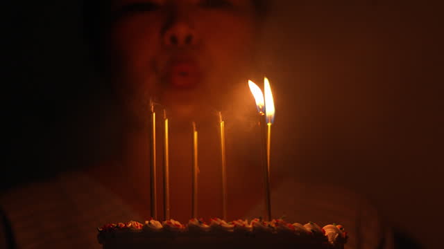 Woman blowing out canddles and making wish on her birthday cake.