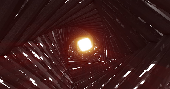 Abstract metallic shiny dark black polyhedral tunnel frame from lines of hexagonal edges, mechanical high-tech tunnel futuristic, abstract background.