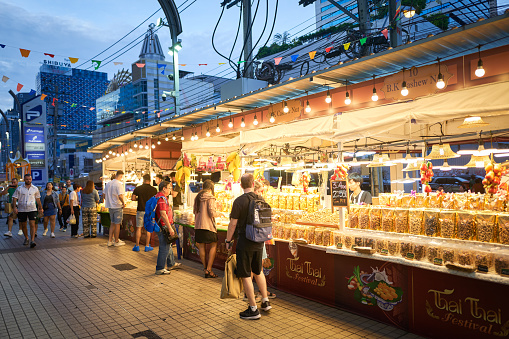 Bangkok, Thailand - Dec 04, 2023: The most popular night market among tourists on Pratunam Street in Bangkok