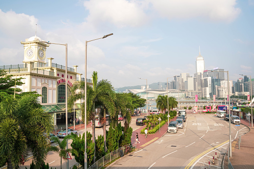 Hong Kong, China -May 19, 2023: Car driving, panoramic view of skyscrapers, Hong Kong