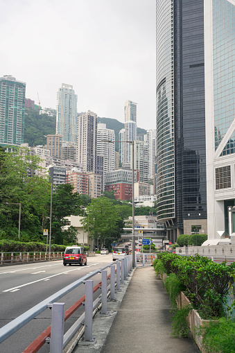 Hong Kong, China -May 18, 2023: Car driving, panoramic view of skyscrapers, Hong Kong