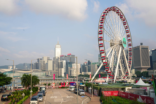 Hong Kong, China -May 19, 2023: Car driving, panoramic view of skyscrapers, Hong Kong