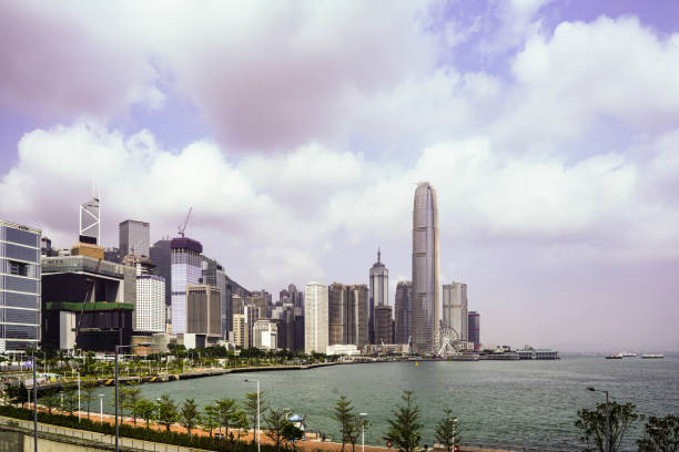 Hong Kong, China -May 18, 2023: Car driving, panoramic view of skyscrapers, Hong Kong