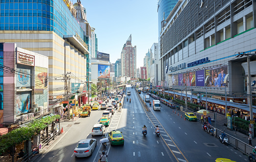 Bangkok, Thailand - December 7, 2023: Busy Pratunam streets in Bangkok in the morning