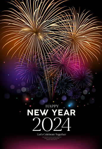 Fireworks colorful, Happy new year 2024 poster flyer design on night background, EPS10 vector illustration