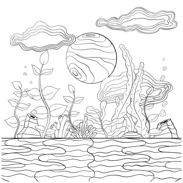 Vector illustration of Seaweed in the sky line art design.