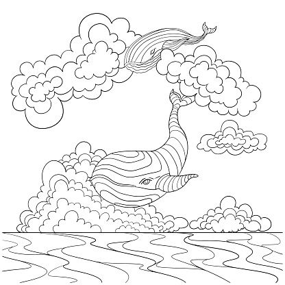 Hand drawn illustration of Whale in the sky over the sea with the moon, clouds and mountains in the background, line design coloring page.