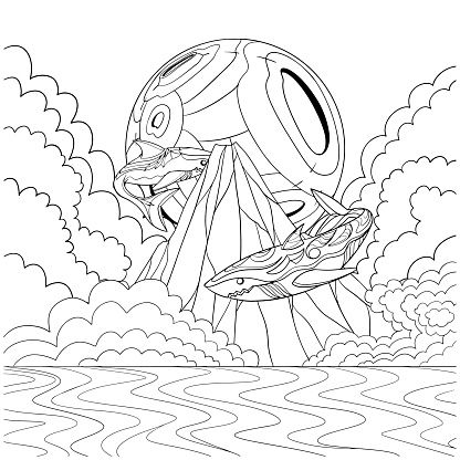 Hand drawn illustration of shark in the sky over the sea with the moon, clouds and mountains in the background, line design coloring page.
