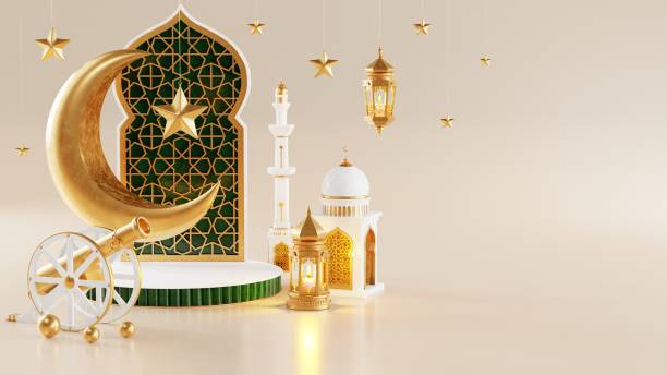 istock 3d Ramadan Kareem podium with golden moon star and lantern, mosque door islamic pattern, arabic coffee pot, date palm fruit, podium as luxury islamic background. decoration for ramadan kareem. 1903832513