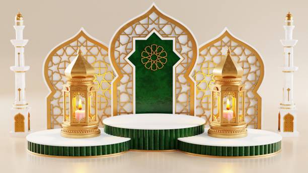 istock 3d Ramadan Kareem podium with golden moon star and lantern, mosque door islamic pattern, arabic coffee pot, date palm fruit, podium as luxury islamic background. decoration for ramadan kareem. 1903832514