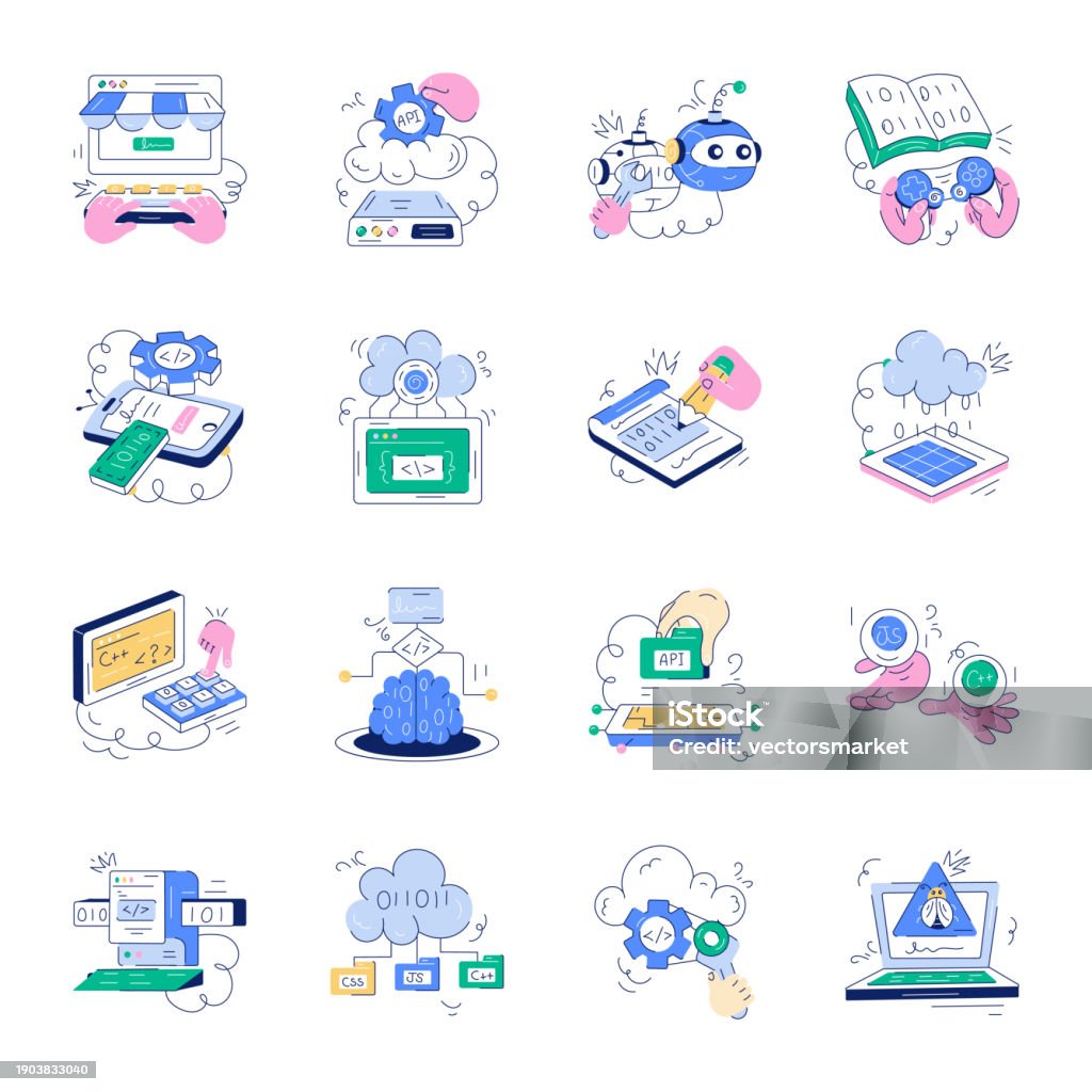 Set Of Api Development Doodle Illustrations Stock Illustration ...