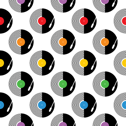 Vector seamless pattern of a black, red and white vinyl records.