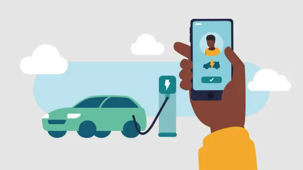 Vector illustration of Vector illustration of a person refuelling their car at a public charging station and paying with their smartphone - mobility concept