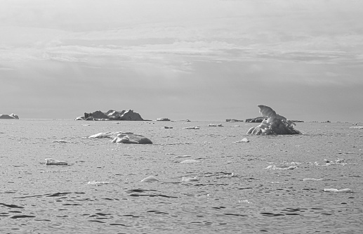 The debris of former icebergs litter Disko Bay, Western Greenland.