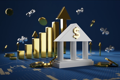 3D rendering bank with falling gold coin and percentage, intricately integrated into the scene, signifies financial abundance and successful investments.
