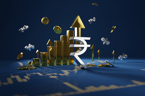 3D rendering Indian Rupee sign, indian rupee sign and golden coin with arrow pointing upwards background, Financial and banking about house concept, Investment and financial success concept background.
