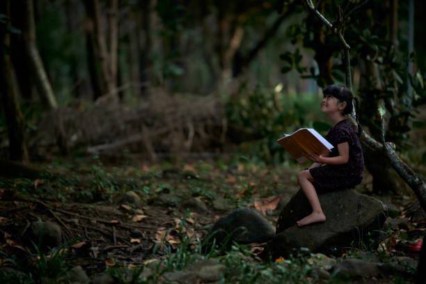 istock Little Child reading a book in a green coastal forest 1903889370