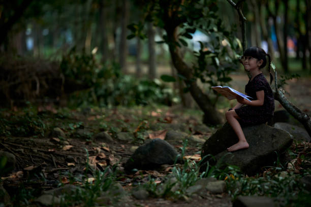 istock Little Child reading a book in a green coastal forest 1903890411