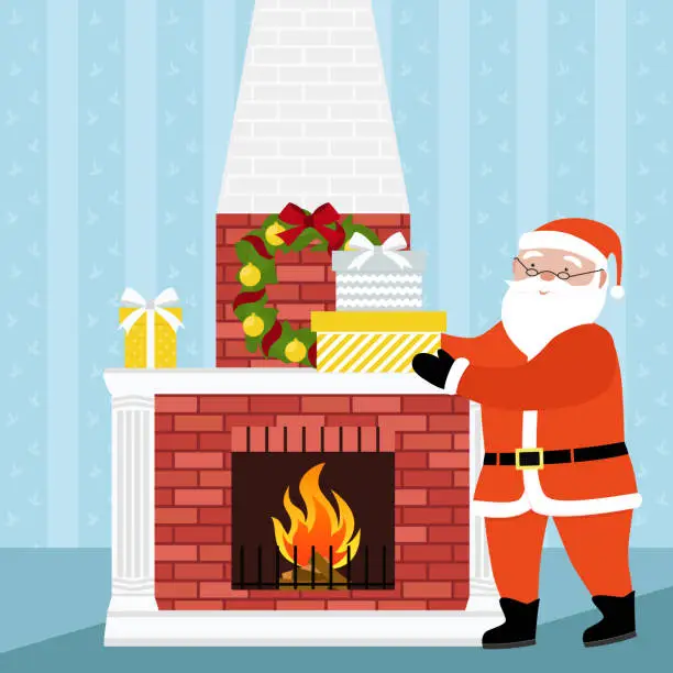 Vector illustration of Santa Claus with gifts next to the fireplace
