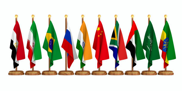 set flags brics on white background. isolated 3d illustration - brics 뉴스 사진 이미지