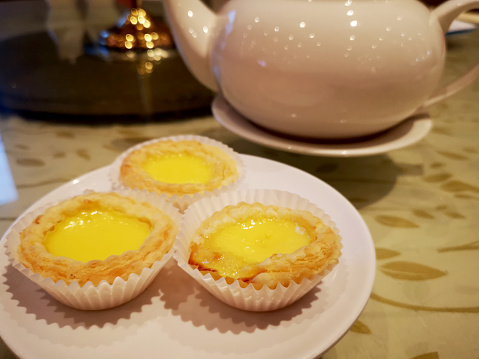 Egg tarts in dim sum restaurant