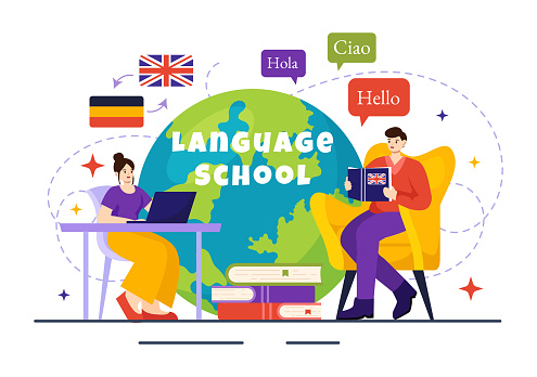 Language School Vector Illustration Of Online Learning Courses Training ...