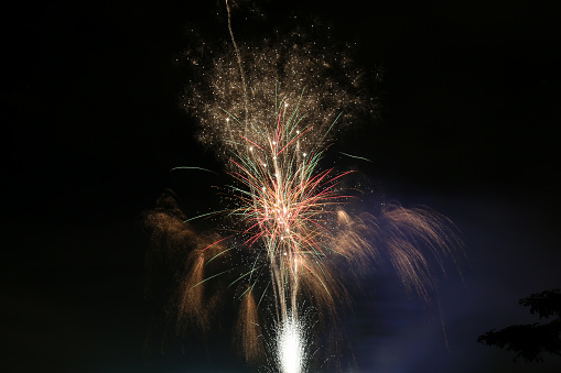 Colorful fireworks on the black sky background, closeup of photo