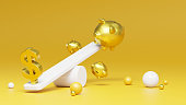 Balance concept. 3D US dollar sign outweighs golden piggy banks, piggy banks fall from scales. Creative conceptual background