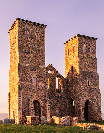 The church ruins of the Reculver Towers near Herne Bay on the north east coast of Kent south east England UK