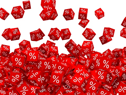 Percent symbols falling. Red Percent Sale Cubes. Finance concept. 3d rendering
