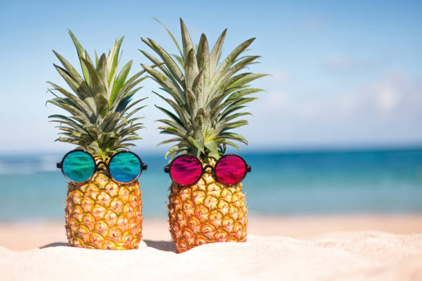 istock Two pineapples with trendy sunglasses in tropical paradise 1903983150