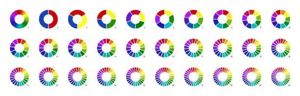 Vector illustration of Infographic chart with pie and donut graph in a circular format, vector graphics. Analysis of round bar. Charging process conspiracy as a solid colored wheel arrow