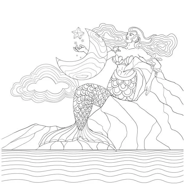 Vector illustration of Mermaid in the sky line art design.