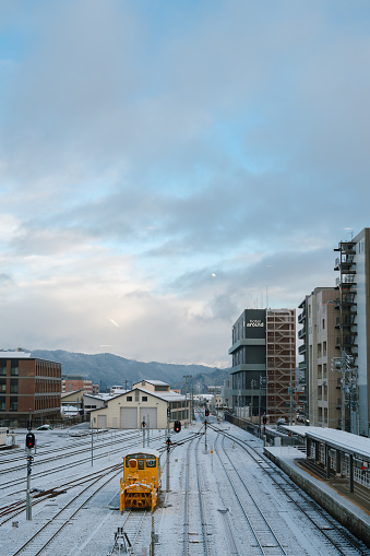 Takayama, Gifu, Japan - December 18, 2023 : View of Takayama railway station with winter snow
