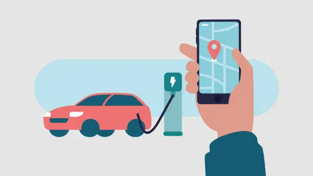 Vector illustration of Vector illustration of a person looking for a public charging station with the help of a smartphone app - mobility concept