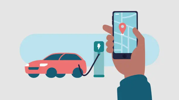 Vector illustration of Vector illustration of a person looking for a public charging station with the help of a smartphone app - mobility concept