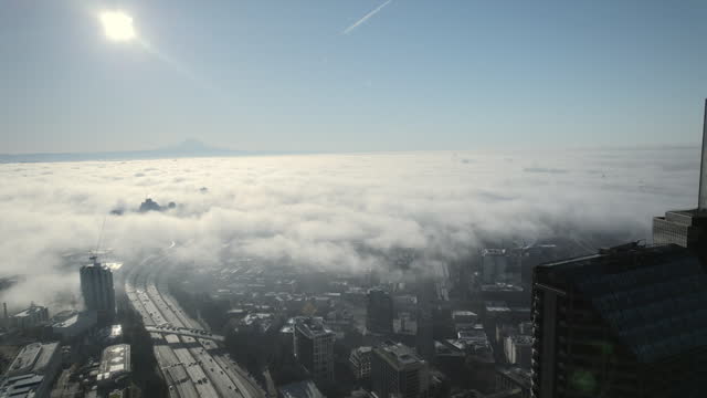 High City Aerial of Morning Fog in Seattle