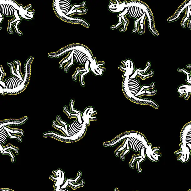 Vector illustration of Dinosaur skeleton. Vector seamless pattern. Print for T-shirts, textiles, web. Black background.