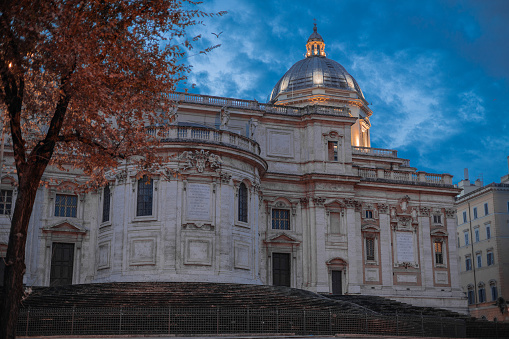 Big church of santa maria maggiore in rome in early morning. Big square with stairs visible in the front.