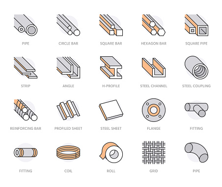 Stainless steel flat line icons set. Metal sheet, coil, strip, pipe, armature vector illustrations. Outline signs for metallurgy products, construction industry. Orange Color. Editable Strokes.
