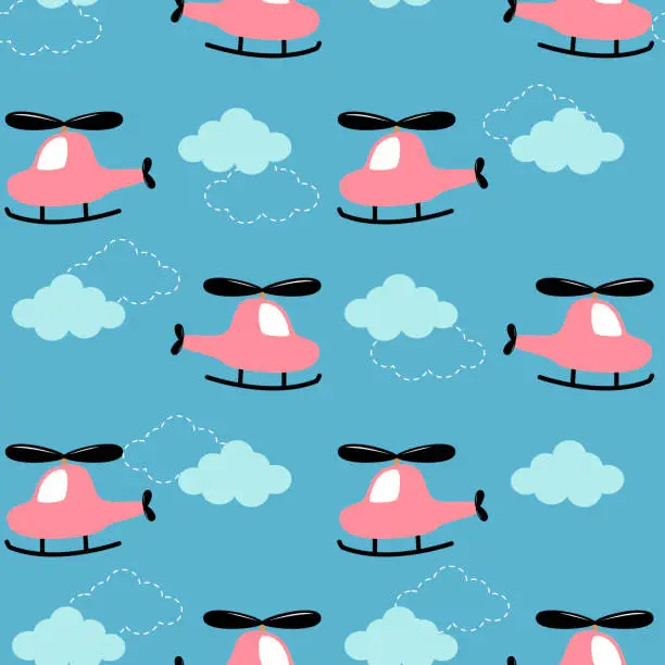 Vector illustration of Funny seamless print with helicopter and cloudy drawn by children.