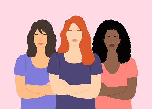 Different Ethnicities Of Women Standing Together. International Women's Day Concept. Femininity, Independence, Gender Equality And Female Empowerment