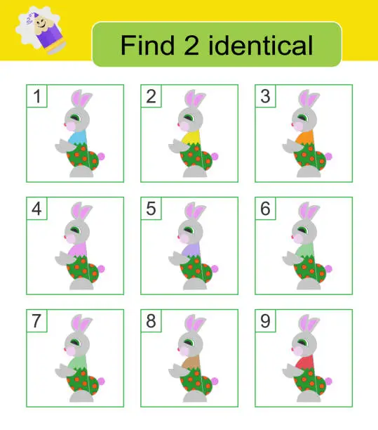 Vector illustration of Fun puzzle game. Find two identical rabbits.