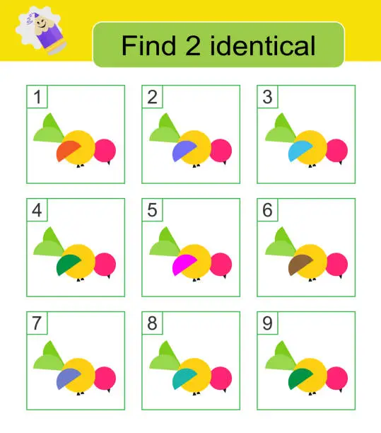 Vector illustration of Fun puzzle game. Find two identical cartoon birds.
