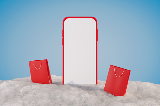 Blank screen smart phone on snowy scene, winter concept. Digitally generated image. 3d render.
