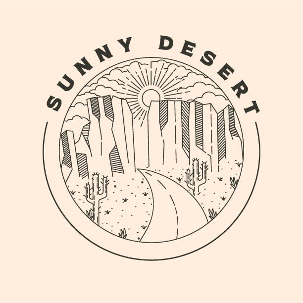 sunny desert vintage line art and road logo vector symbol illustration design