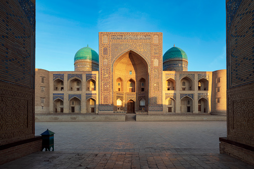 Islamic Educational and Spiritual-educational building of the Miri Arab Madrasah on a sunny day, Bukhara, Uzbekistan