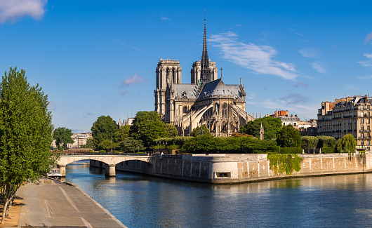 Notre Dame de Paris cathedral and the Seine River in summer. Ile de la Cite, Paris, France