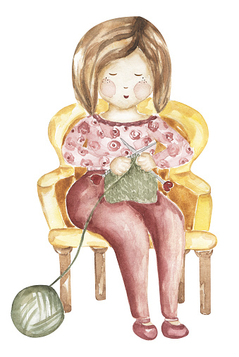 Hand-drawn watercolor knitting woman sitting on the armchair illustration. Yarn balls clipart, crafts and Hobbies  clip arts, graphic needles