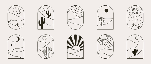 Bohemian linear logos desert with cactus, mountains, sandy, sun and moon. Vector abstract set.
